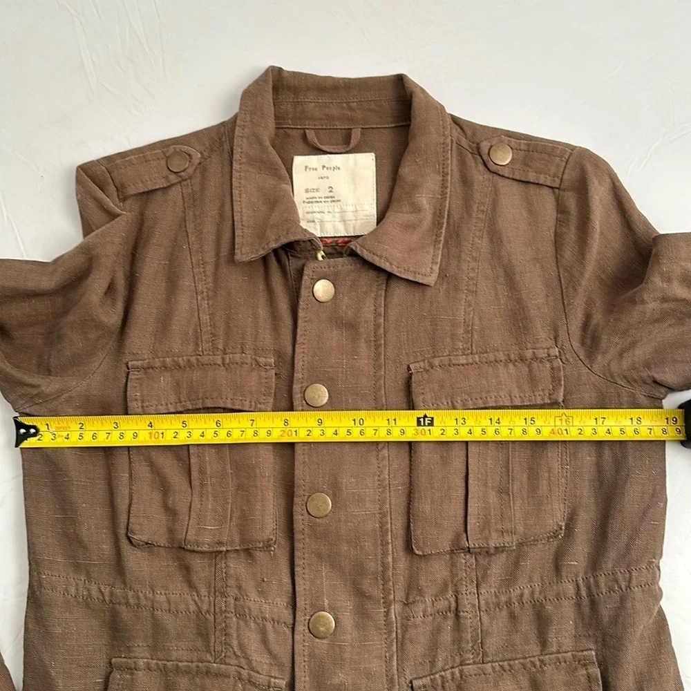 Free People olive Military Platoon linen full zip and snap utility jacket